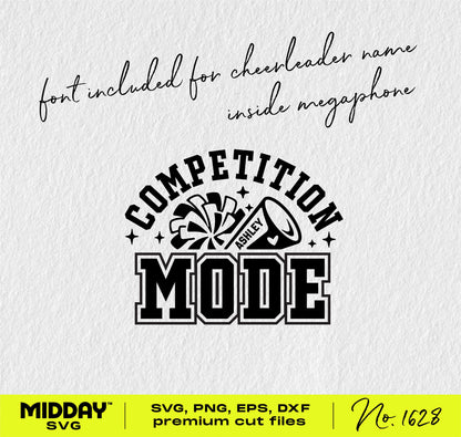 Competition Mode Cheerleader SVG design with collegiate typography, pom-poms, and megaphone for shirts and accessories.