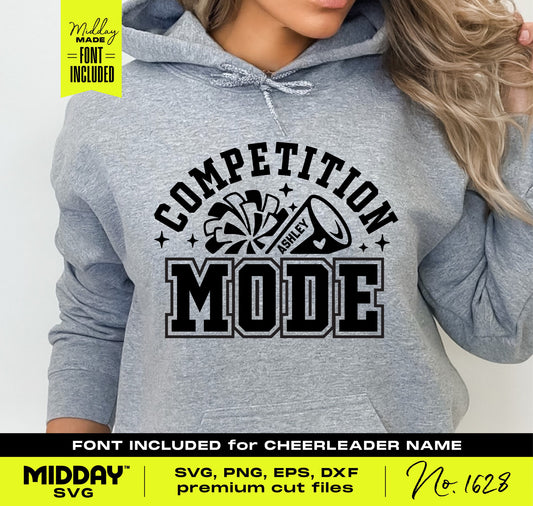 Cheerleader in gray hoodie with 'Competition Mode' collegiate typography design, showcasing spirit with pom-poms and megaphone graphic.