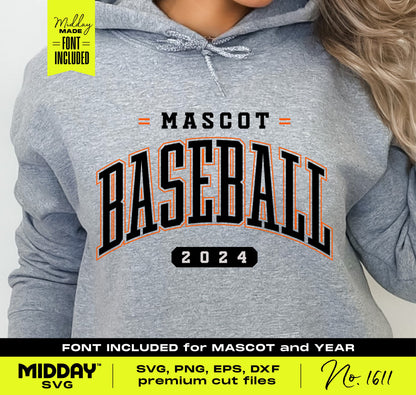 Gray hoodie featuring a customizable collegiate baseball design with mascot and year 2024; includes SVG, PNG, EPS, and DXF files.