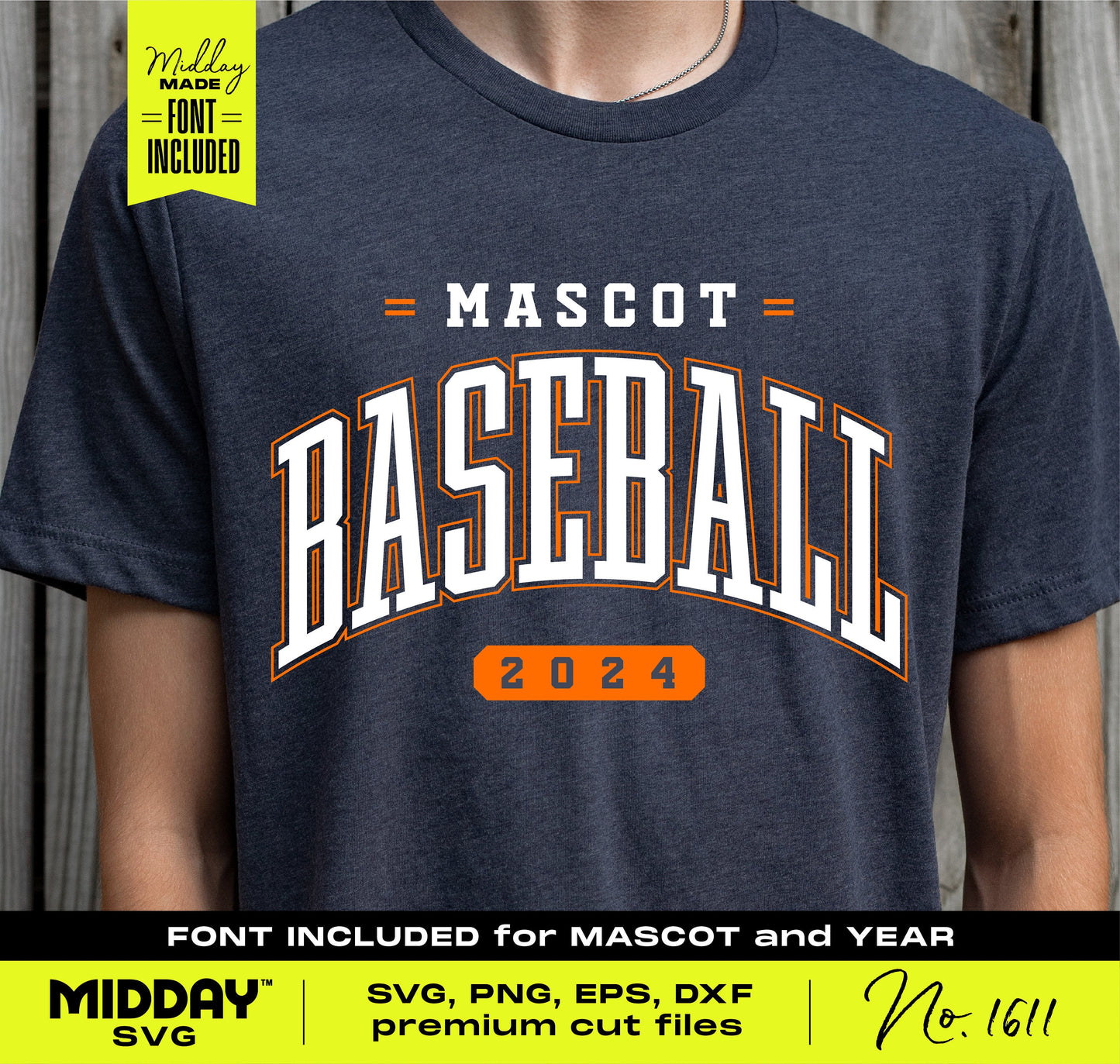 Customizable collegiate baseball SVG team template on a shirt with 'Mascot Baseball 2024' design, perfect for personalization.