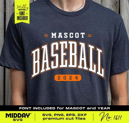 Customizable collegiate baseball SVG team template on a shirt with 'Mascot Baseball 2024' design, perfect for personalization.