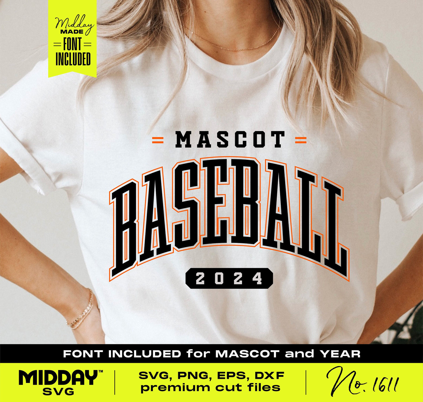 Customizable collegiate baseball SVG team template on shirt, featuring "Mascot Baseball 2024" design. Perfect for team spirit gear.