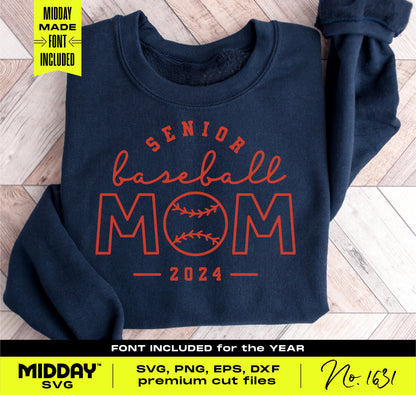 Classy senior baseball mom sweatshirt SVG design for proud moms, perfect for creating personalized gifts, with intricate baseball lettering.