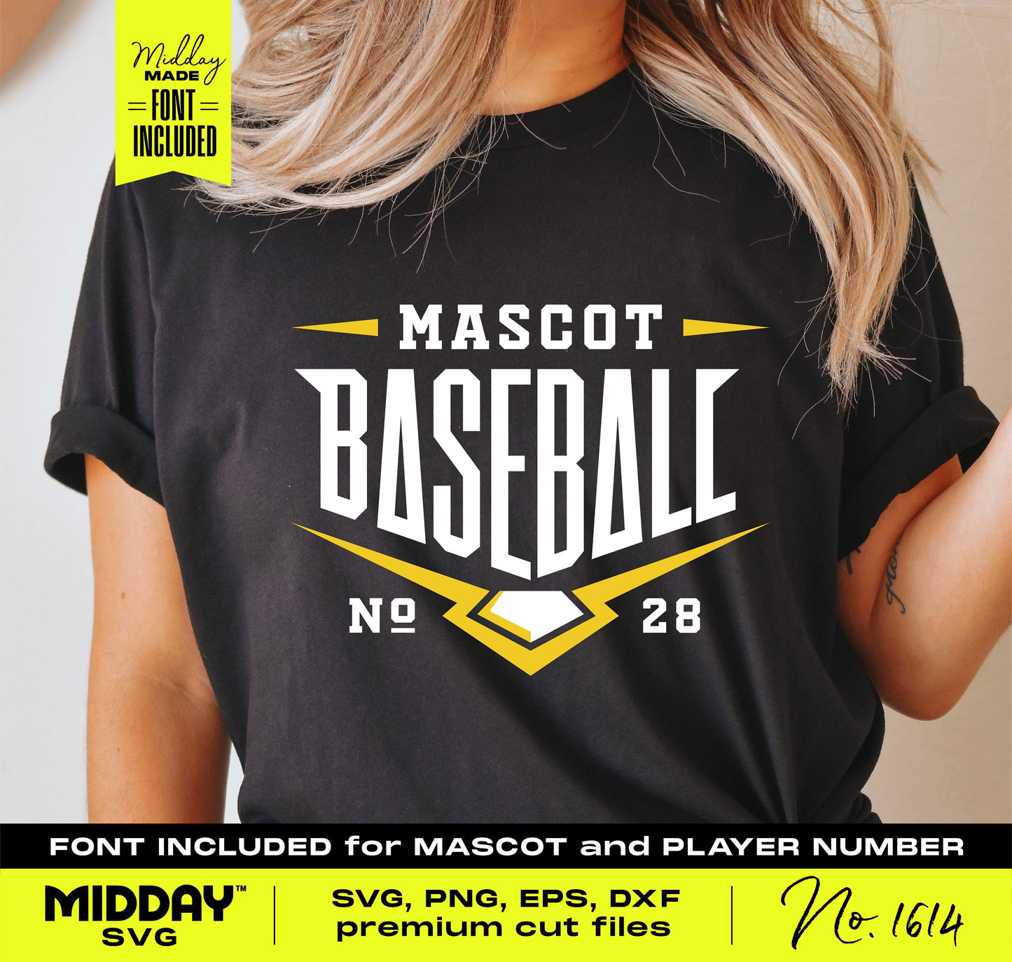 Woman wearing a black T-shirt featuring customizable baseball mascot design with fonts for DIY team merchandise.