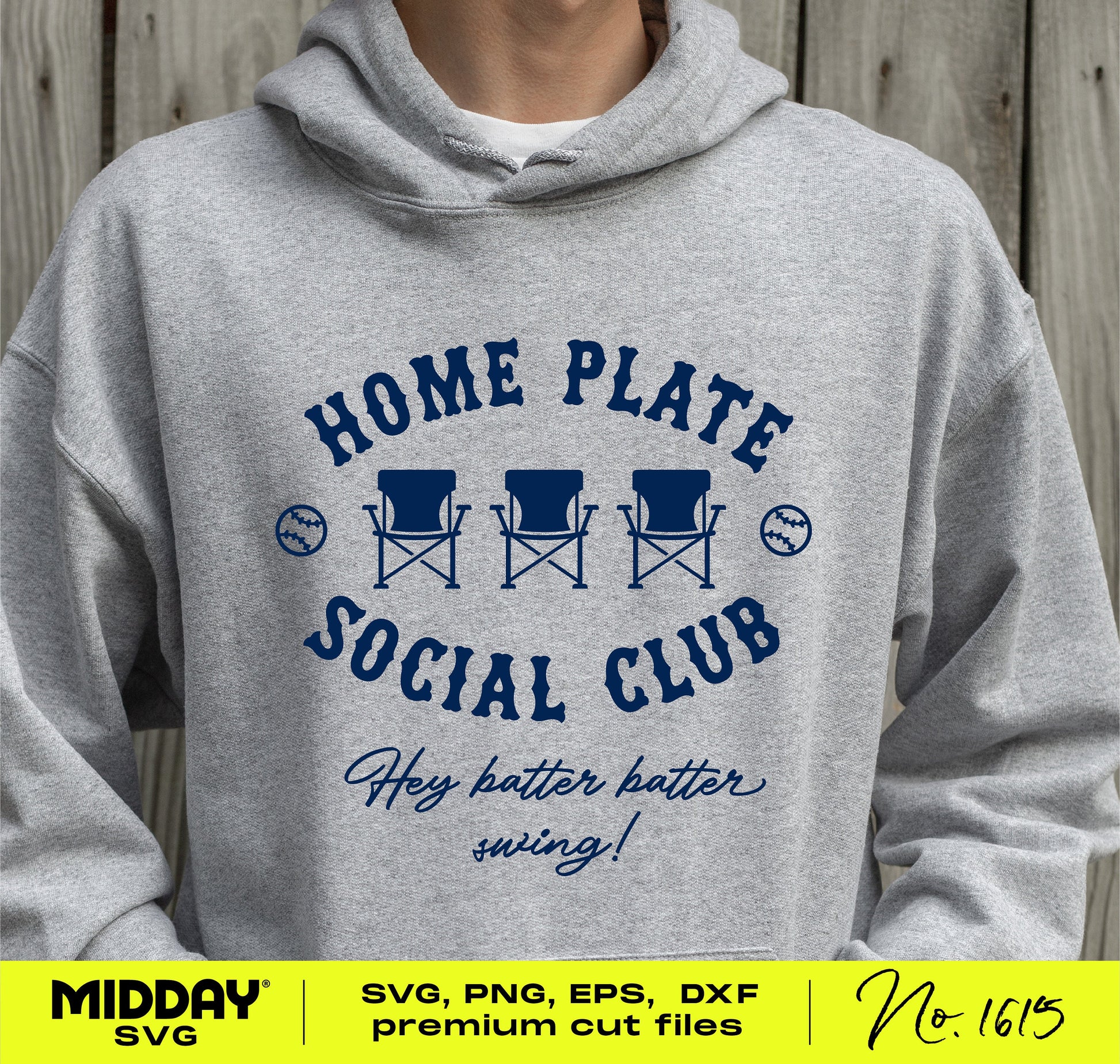 Gray hoodie featuring the "Home Plate Social Club" design with baseball chairs graphic, SVG download for crafting and apparel.