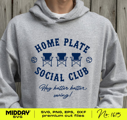 Gray hoodie featuring 'Home Plate Social Club' funny softball SVG with chairs and softball graphic for crafting projects.