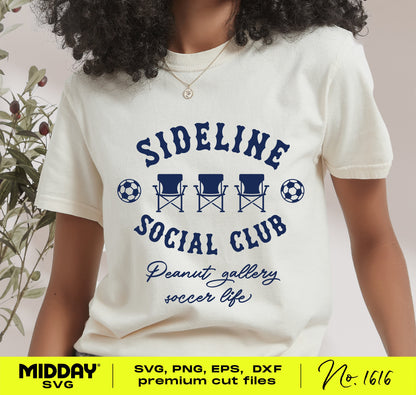 Person wearing t-shirt with 'Sideline Social Club' text and soccer graphics, perfect for soccer enthusiasts. Available as SVG file.