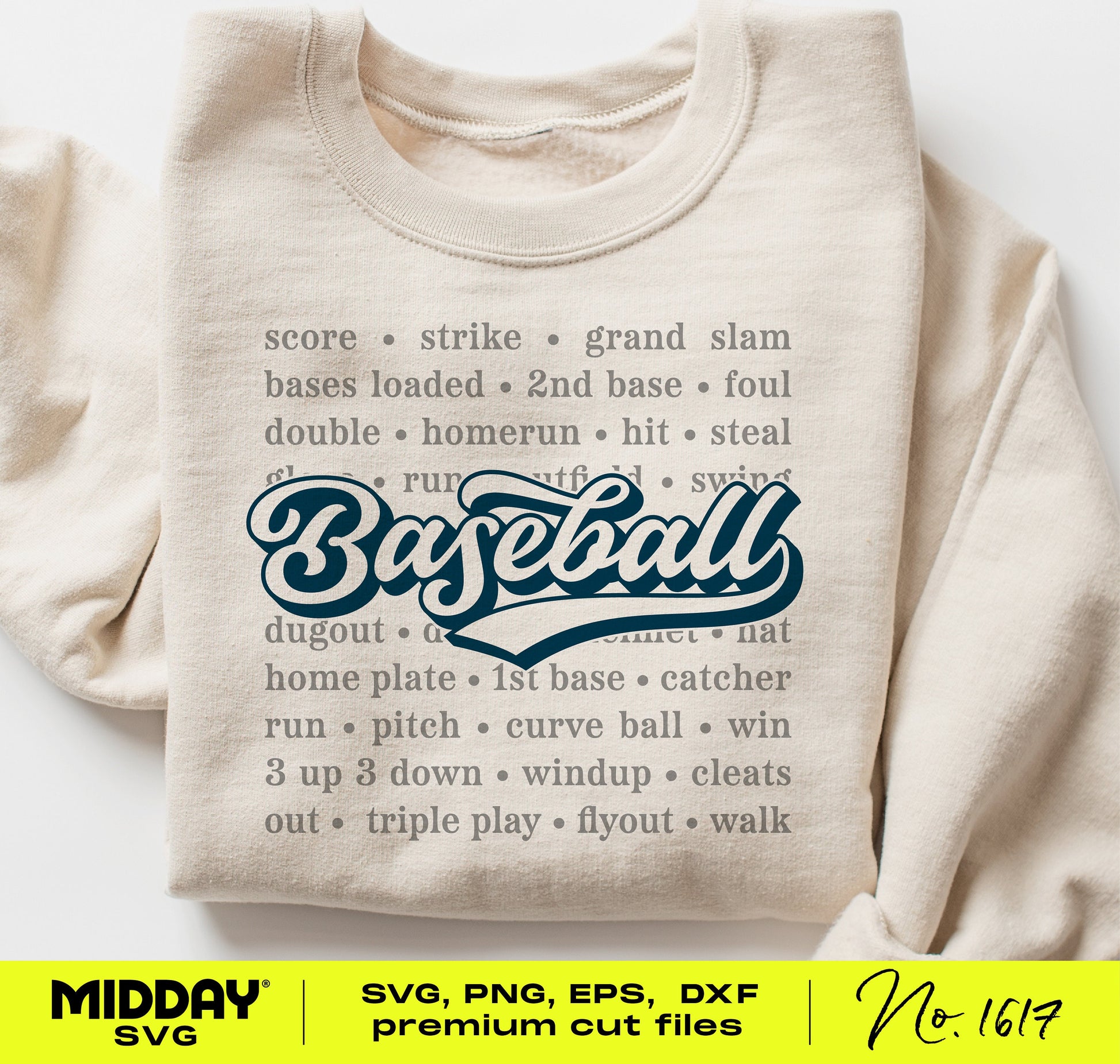 Beige sweatshirt with "Baseball" word art and baseball terms, featuring DIY SVG cut files by Midday SVG, against a neutral backdrop.