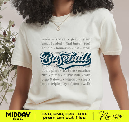 Person wearing a T-shirt with baseball-themed typography and "Baseball" word art, ideal for sports lovers and fans. SVG cut files.