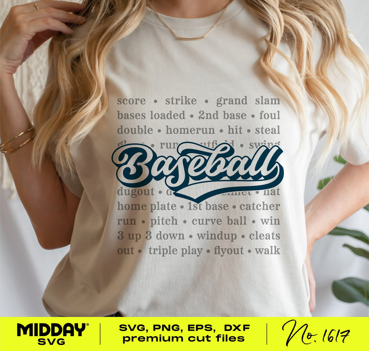 White t-shirt with baseball typography design featuring words like score, strike, grand slam. Perfect for sports lovers and DIY projects.