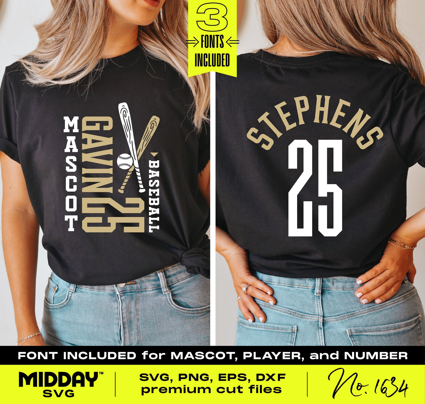 Customizable baseball team SVG template with player name and number, featuring fonts for personalization and team spirit.