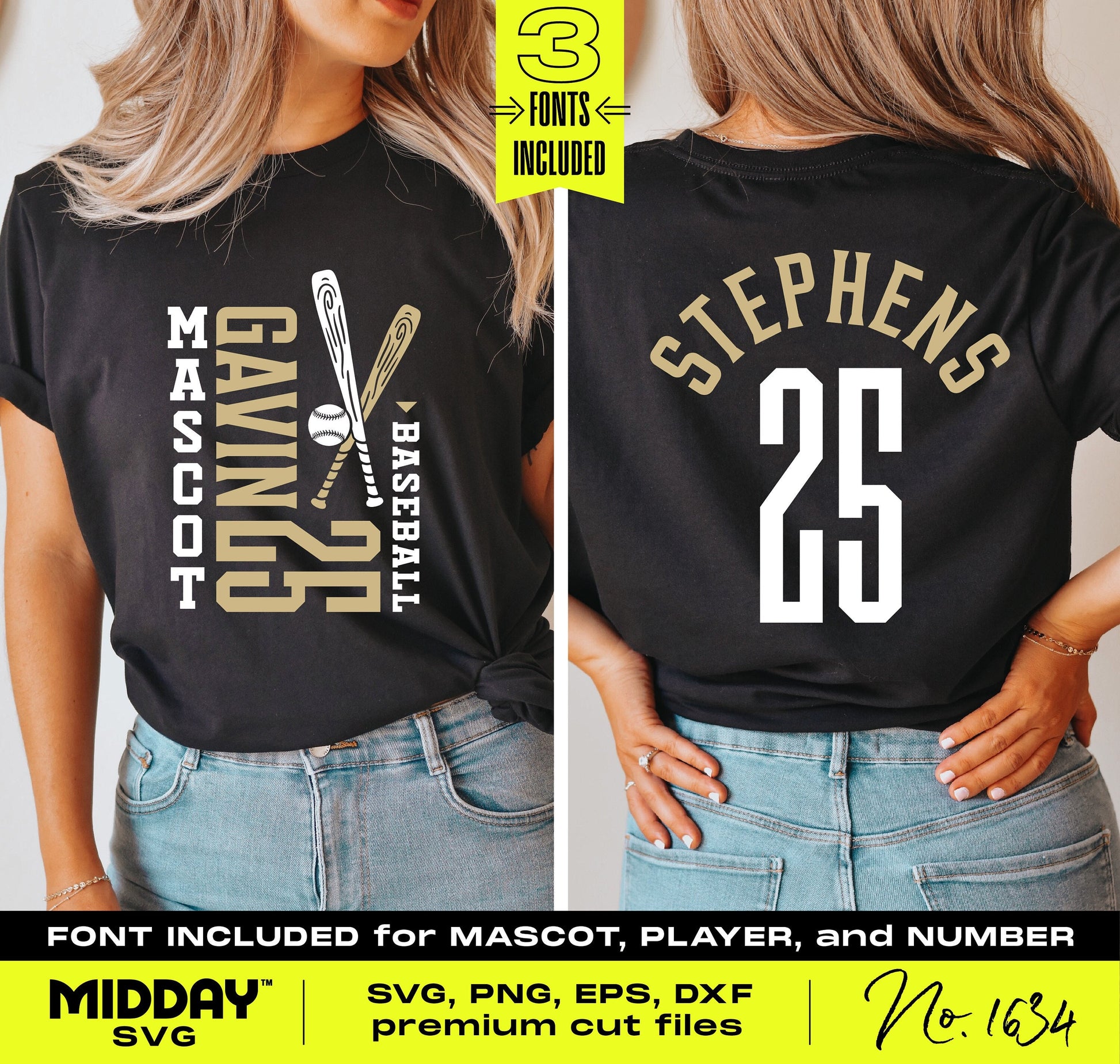 Customizable baseball team SVG template with player name and number, featuring fonts for personalization and team spirit.