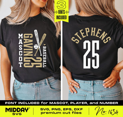 Customizable baseball team SVG template with player name and number, featuring fonts for personalization and team spirit.