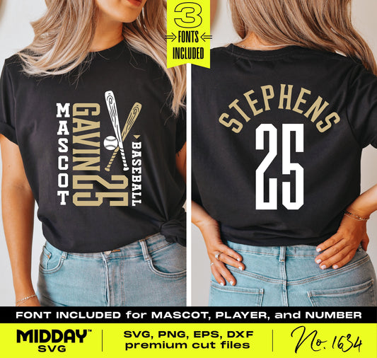Customizable baseball team SVG template with player name and number, featuring fonts for personalization and team spirit.