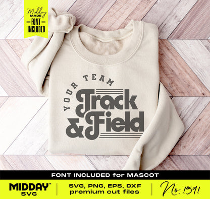 Sporty Track and Field SVG PNG design on sweatshirt, ideal for shirts, bags, and accessories, with customizable font included.