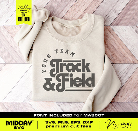 Sporty Track and Field SVG PNG design on sweatshirt, ideal for shirts, bags, and accessories, with customizable font included.