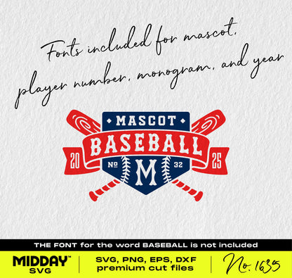 Customizable baseball SVG design featuring home plate, team logo with mascot, and included fonts for DIY sports projects using Cricut.