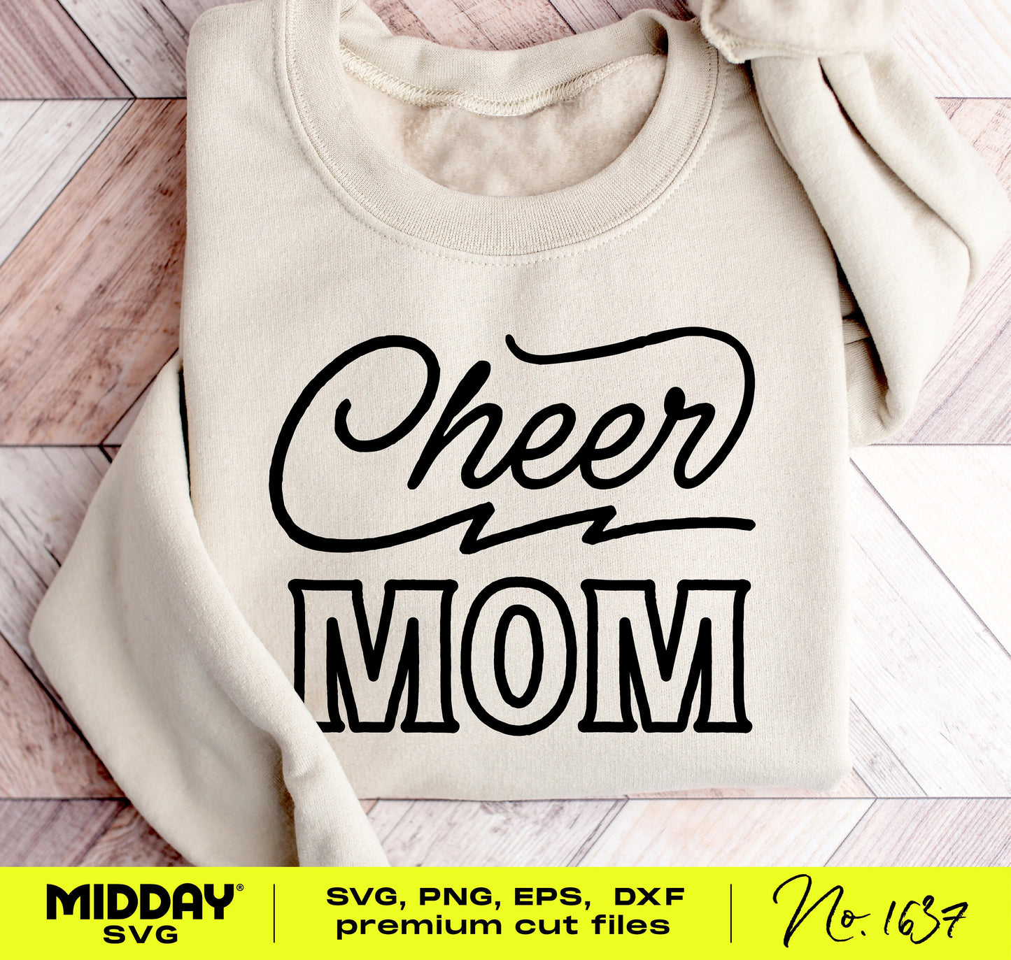 Cheer Mom SVG design with lightning bolt on a folded cream sweatshirt, perfect for creating custom cheerleading support apparel.