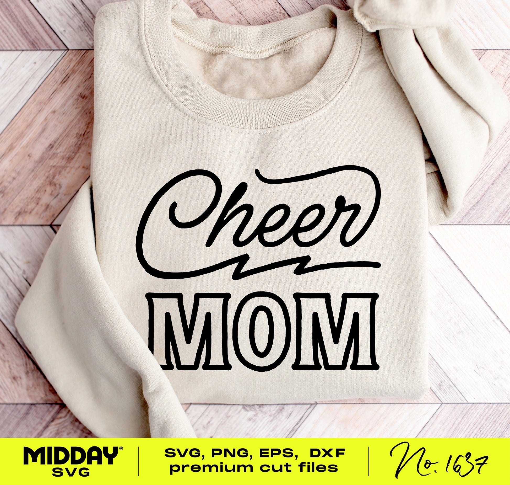 Cheer Mom SVG design with lightning bolt on a folded cream sweatshirt, perfect for creating custom cheerleading support apparel.