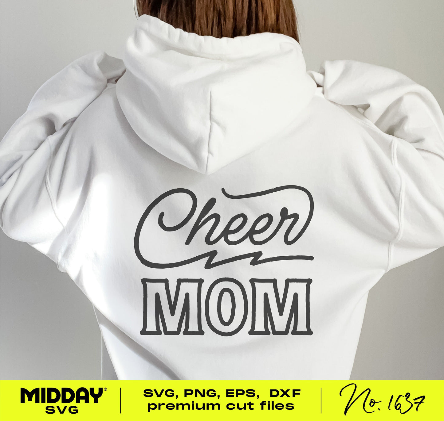Woman wearing a hoodie with 'Cheer Mom' and a lightning bolt design, showcasing a sporty SVG graphic for crafting projects.