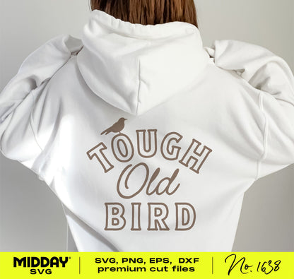 Woman wearing white hoodie with Tough Old Bird design for crafting projects