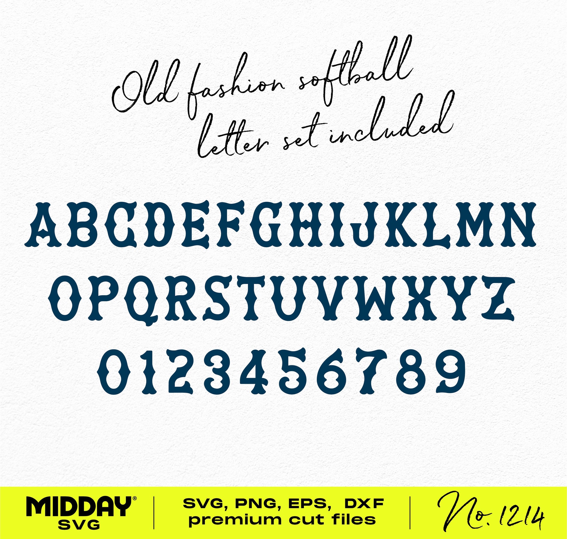 Old-fashioned softball letter font set in SVG, PNG, EPS, DXF formats for DIY team logos and designs with numbers 0-9.