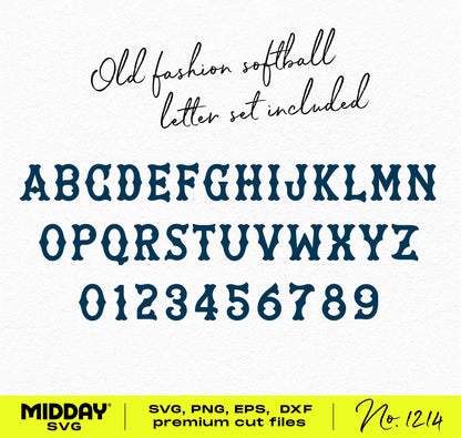 Old-fashioned softball letter font set in SVG, PNG, EPS, DXF formats for DIY team logos and designs with numbers 0-9.
