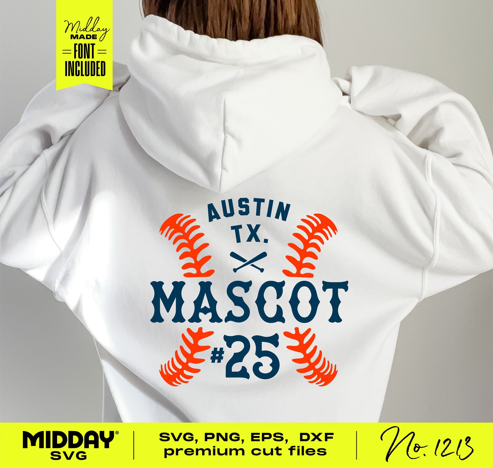 Hoodie featuring customizable baseball team logo with SVG files, Austin TX mascot design and number 25, suitable for Cricut projects.