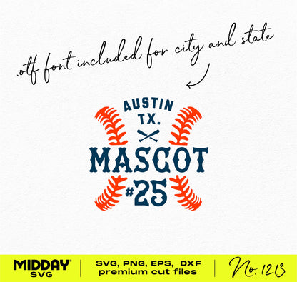 Baseball team template with "Austin TX Mascot #25" design in SVG, PNG, EPS, DXF formats. Includes city and state font option.