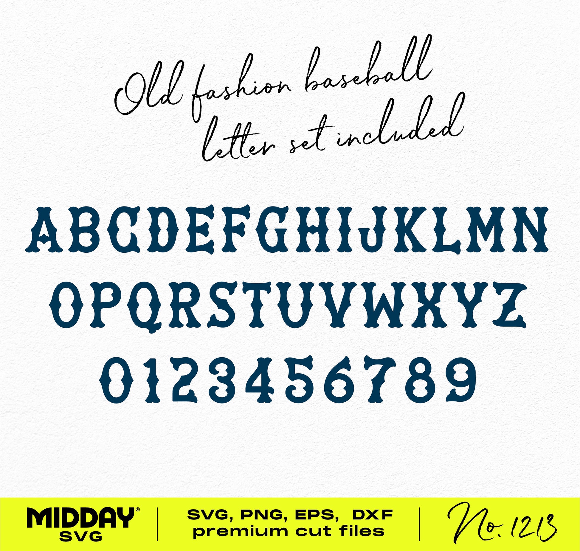 Vintage baseball letter and number set in SVG, PNG, EPS, DXF formats for Cricut, featuring uppercase alphabet and numerals.