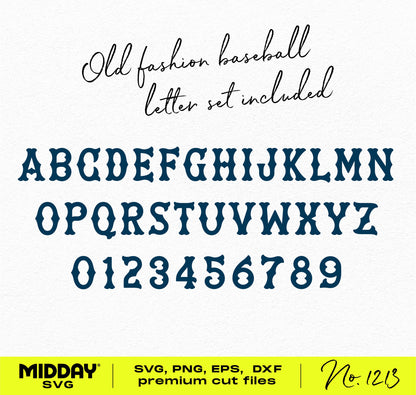 Vintage baseball letter and number set in SVG, PNG, EPS, DXF formats for Cricut, featuring uppercase alphabet and numerals.