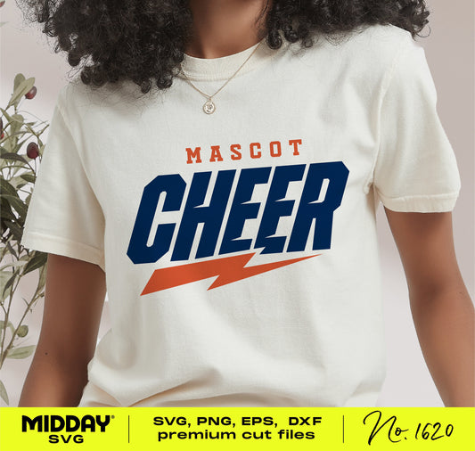 Person wearing a shirt with 'Mascot Cheer' and a lightning bolt design in blue and orange.