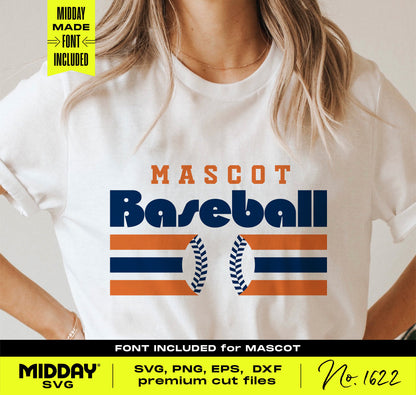 Woman wearing t-shirt with modern geometric baseball SVG design in vintage 1970s style, suitable for DIY crafts and decor projects.