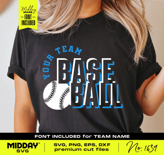 Sporty Baseball SVG Team Template on T-shirt with customizable team name font, perfect for creating team apparel and accessories.
