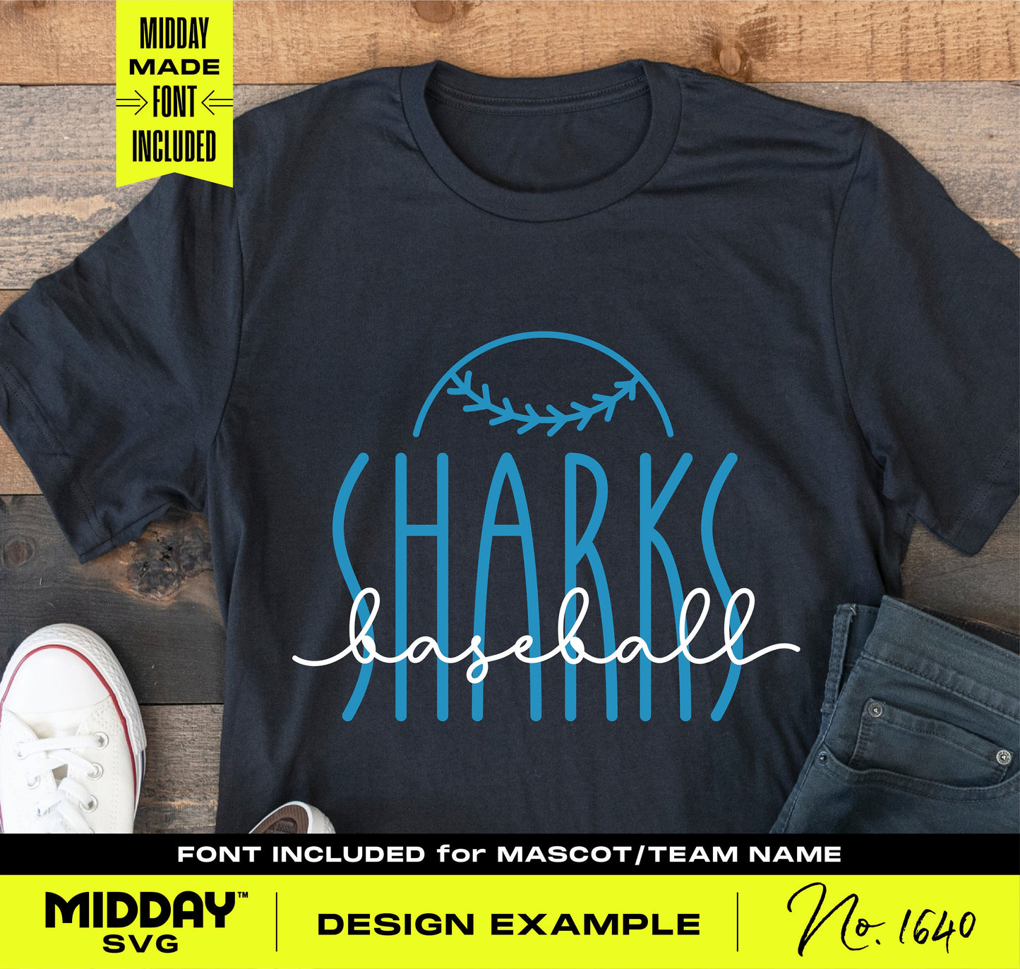 Custom baseball SVG PNG on t-shirt with Sharks design, including stylish team name font for digital download.