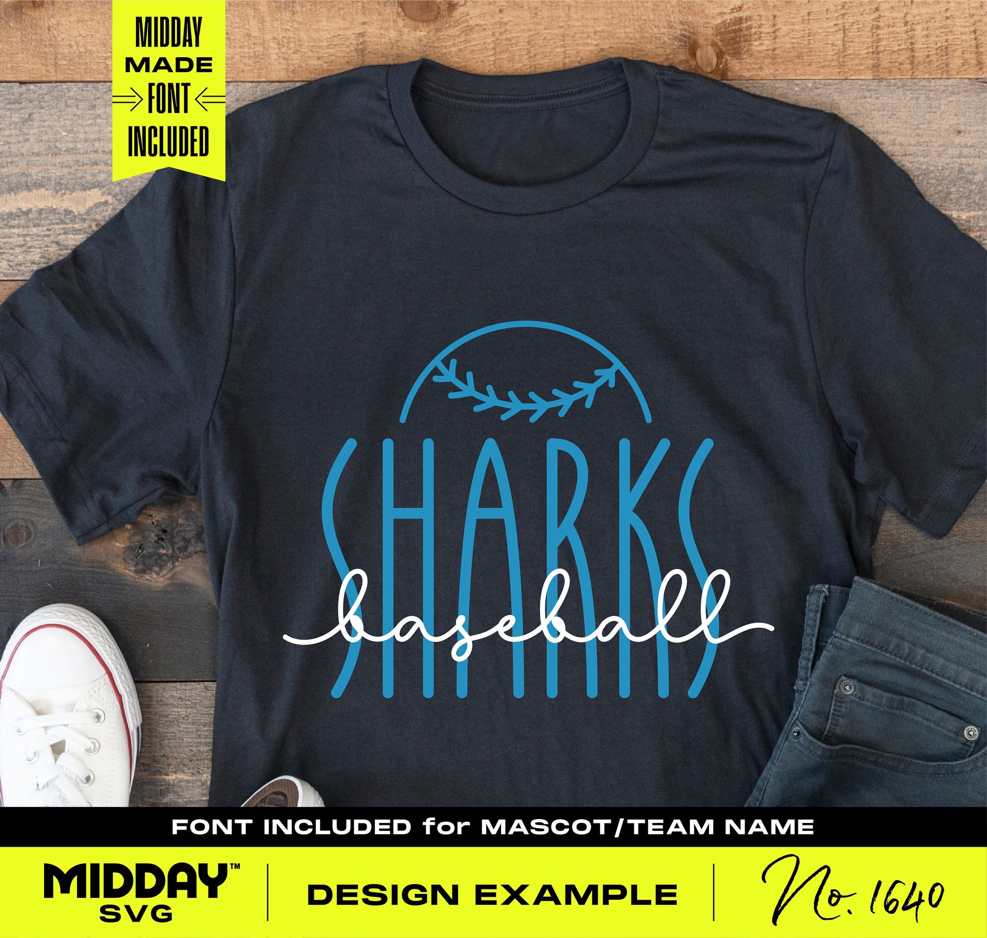 Custom baseball SVG PNG on t-shirt with Sharks design, including stylish team name font for digital download.