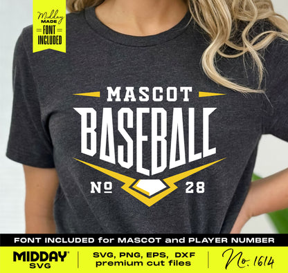 Woman wearing a t-shirt featuring Ultimate Baseball SVG logo with customizable mascot and player number, premium cut files included.