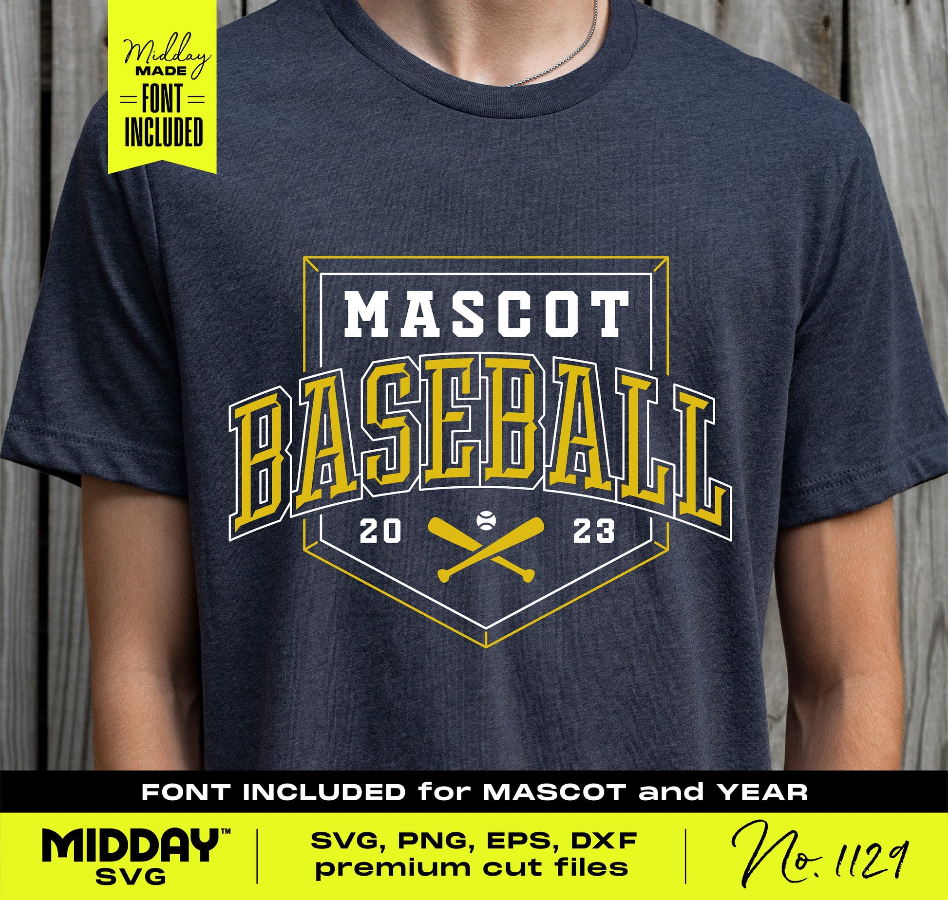 Man wearing shirt with "Mascot Baseball 2023" logo, part of the Ultimate Baseball SVG Bundle, includes font for customization.
