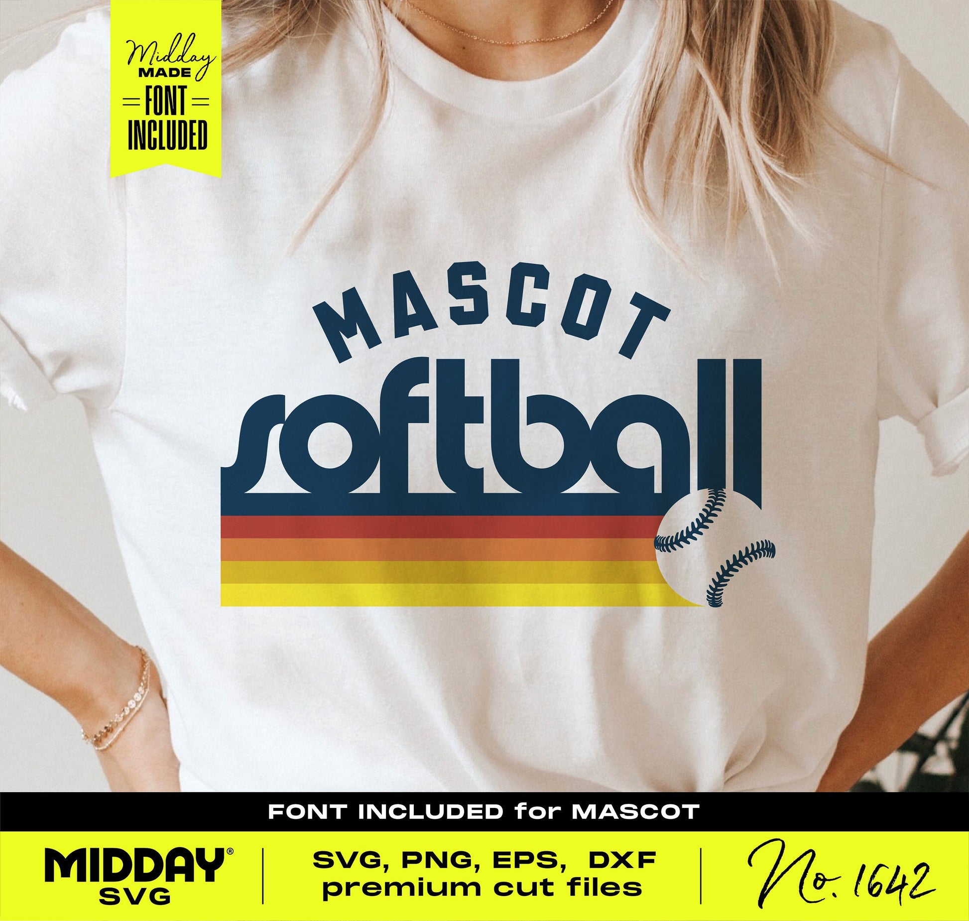 Woman wearing a Mascot Softball shirt design, ideal for Cricut and Silhouette projects, featuring a vintage stripe and baseball graphic.