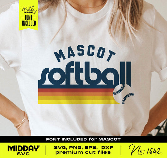 Woman wearing a Mascot Softball shirt design, ideal for Cricut and Silhouette projects, featuring a vintage stripe and baseball graphic.