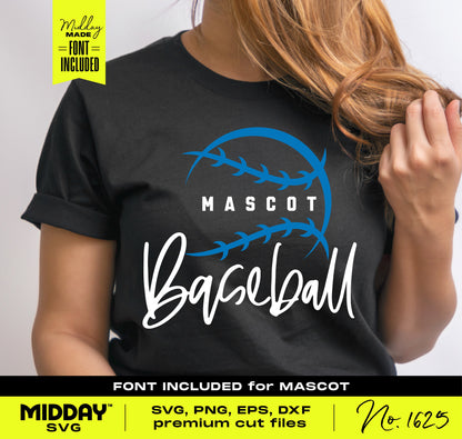 Woman wearing black t-shirt with abstract baseball stitching logo design featuring text 'mascot baseball.' Font included in SVG file.