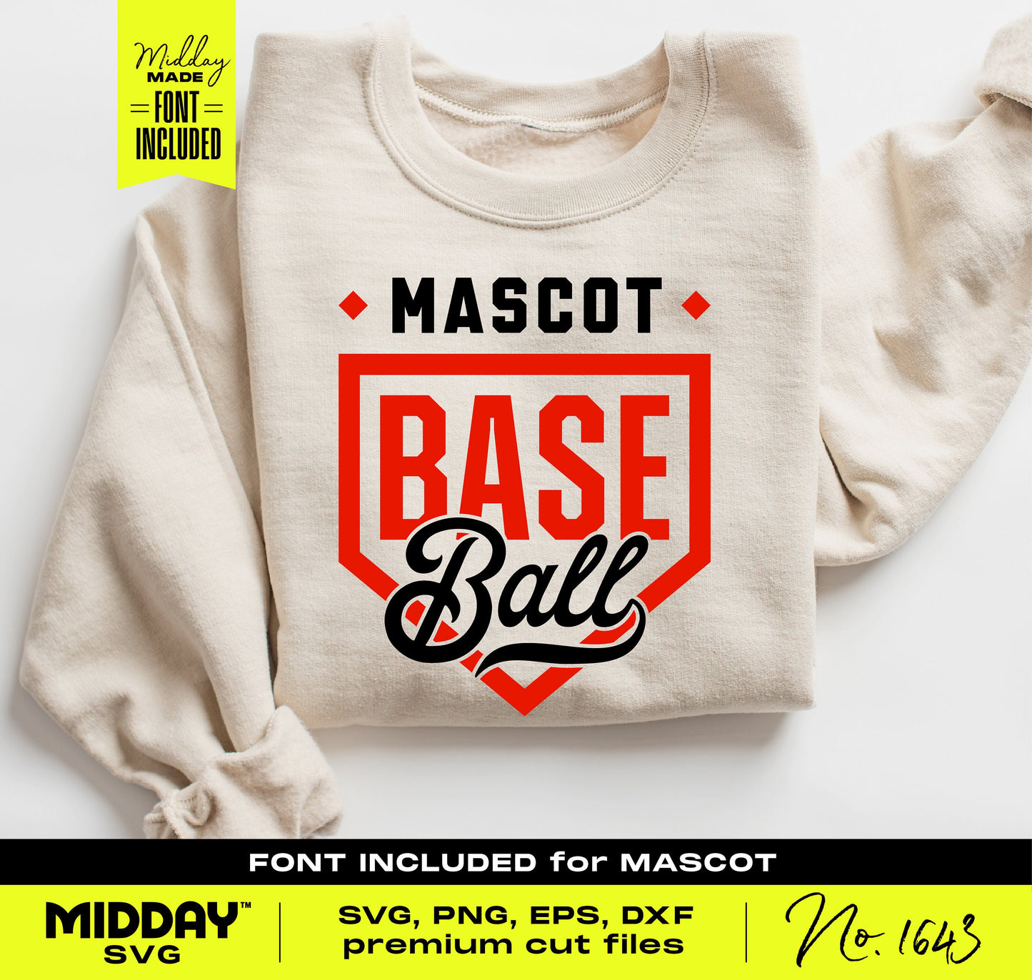 Sweatshirt featuring Home Plate Baseball Team SVG design with bold red lettering and black font, font included, perfect for team gear.