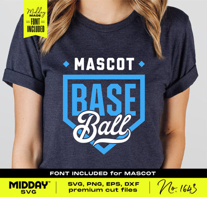 Woman wearing baseball team t-shirt with bold Home Plate design in blue and white, ideal for personalizing sports gear. Font included.