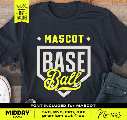 Navy t-shirt featuring a bold 'Mascot Baseball' shield design, perfect for customizing team apparel with SVG, PNG, and EPS files.