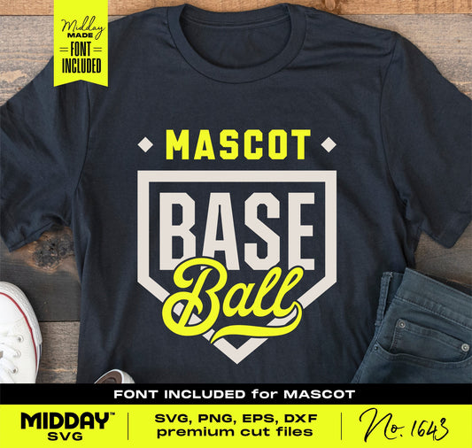 Navy t-shirt featuring a bold 'Mascot Baseball' shield design, perfect for customizing team apparel with SVG, PNG, and EPS files.