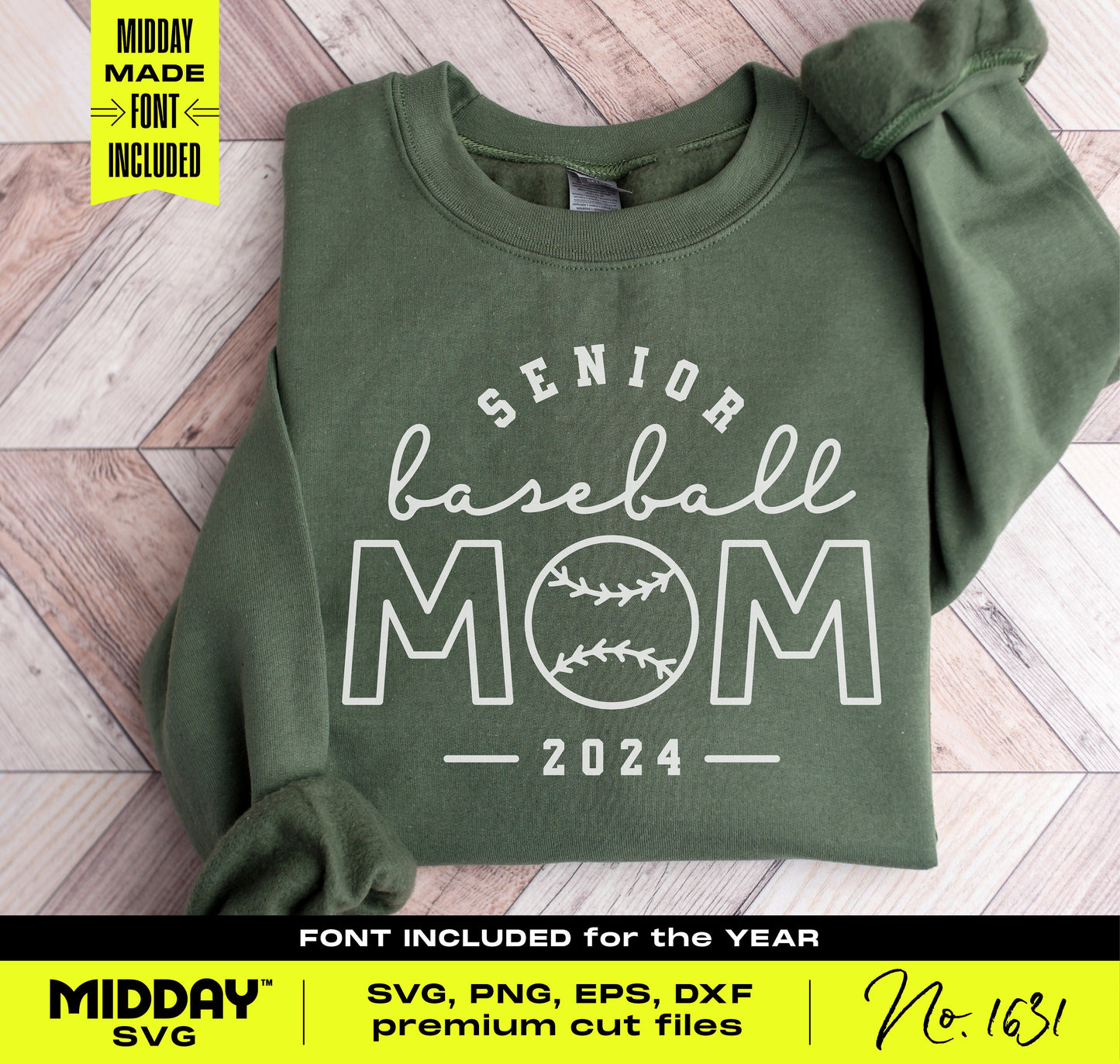 Green sweatshirt featuring classy senior baseball mom SVG design, perfect gift for proud high school baseball moms, 2024 edition.