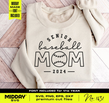 Classy Senior Baseball Mom SVG on sweatshirt, perfect gift for proud moms of high school baseball players, elegant design for apparel.