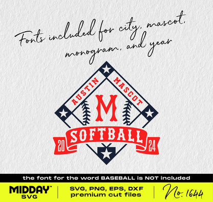 Customizable softball diamond banner SVG with fonts for city, mascot, monogram, and year. Ideal for team shirts and gifts.