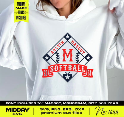 Customizable softball diamond banner SVG on hoodie, perfect for team shirts with personal fonts for monogram, city, and year.