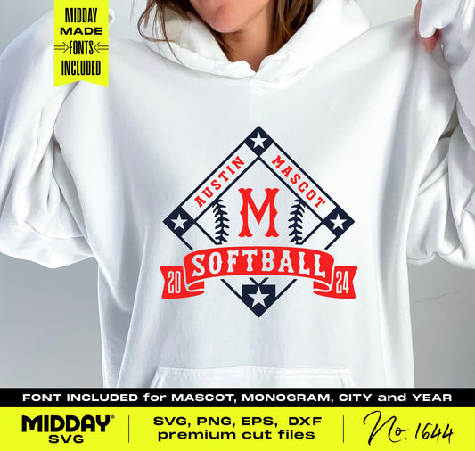 Customizable softball diamond banner SVG on hoodie, perfect for team shirts with personal fonts for monogram, city, and year.